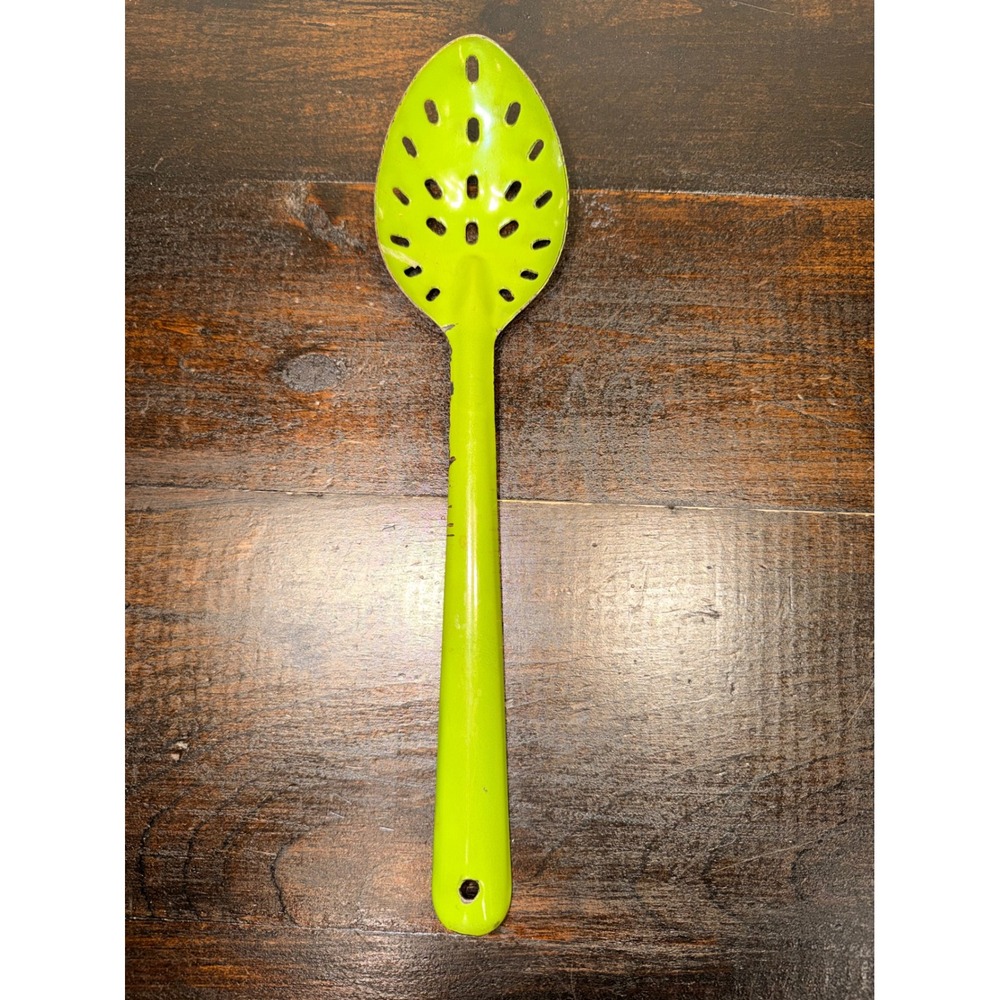 Vintage Lime Green Enamelware Slotted Spoon Retro Kitchen Serving Utensil‎ 11.5"